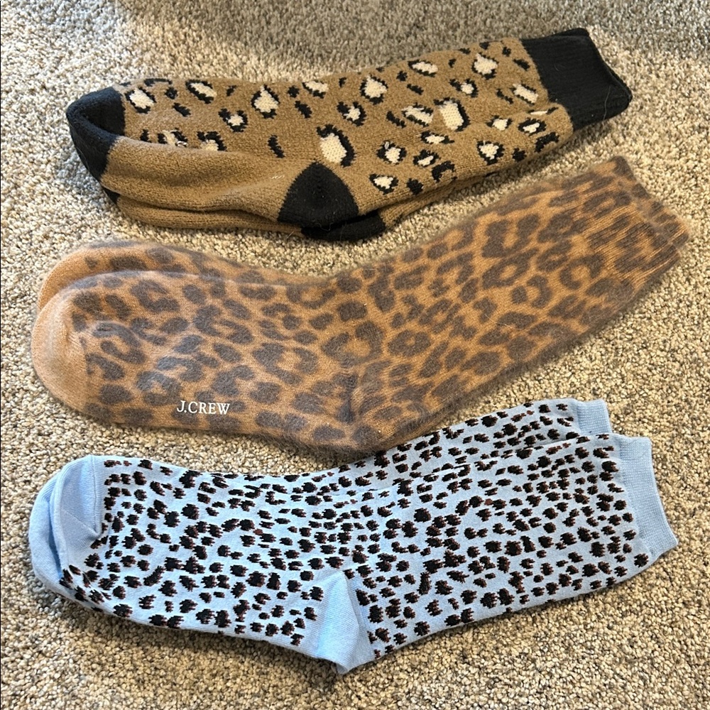 J. Crew Leopard & Animal Print Crew Socks - Tan, Light Blue, Black